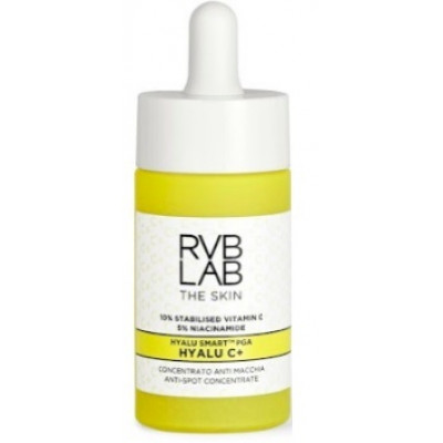Bright yellow bottle with a white label, featuring the text "RVB Lab The Skin" and "Concentrato Anti Macchia," topped with a dropper for easy application.