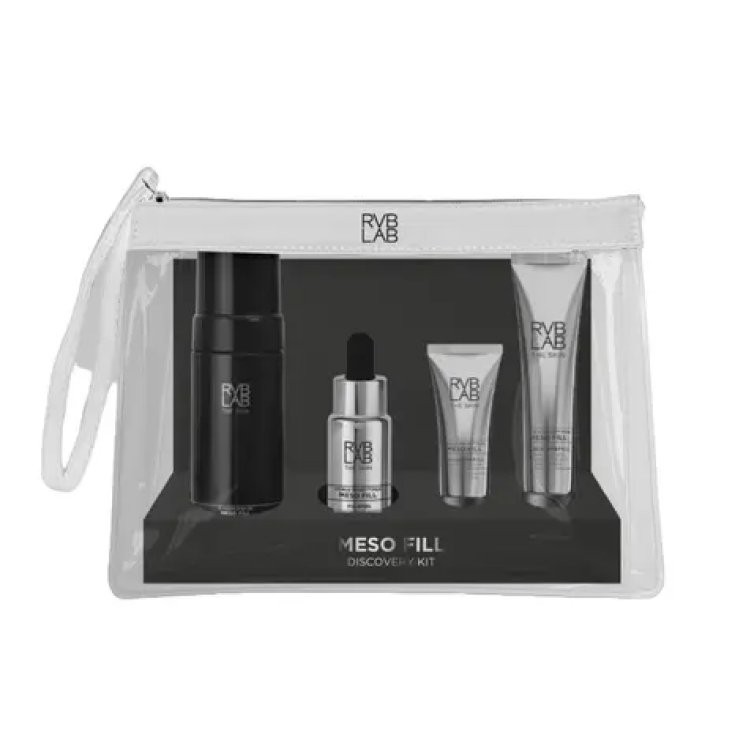 Clear pouch containing RVB Lab's Meso Fill Discovery Kit, featuring a black mousse, silver serum, and two mini creams in sleek tubes, all neatly arranged for skincare use.