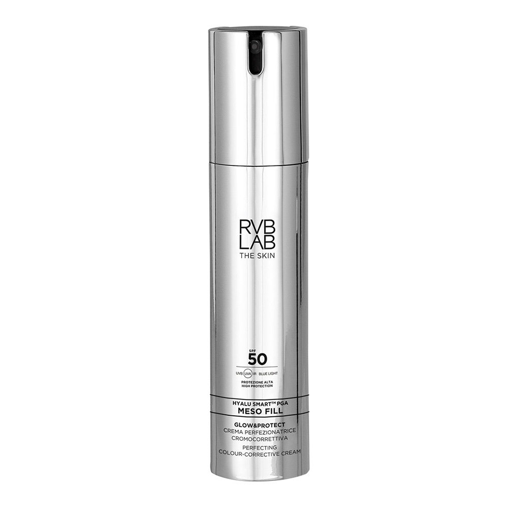 Silver cylindrical bottle with a black pump top, labeled "RVB LAB THE SKIN" and "SPF 50," featuring a sleek design and highlighting its color-correcting properties.