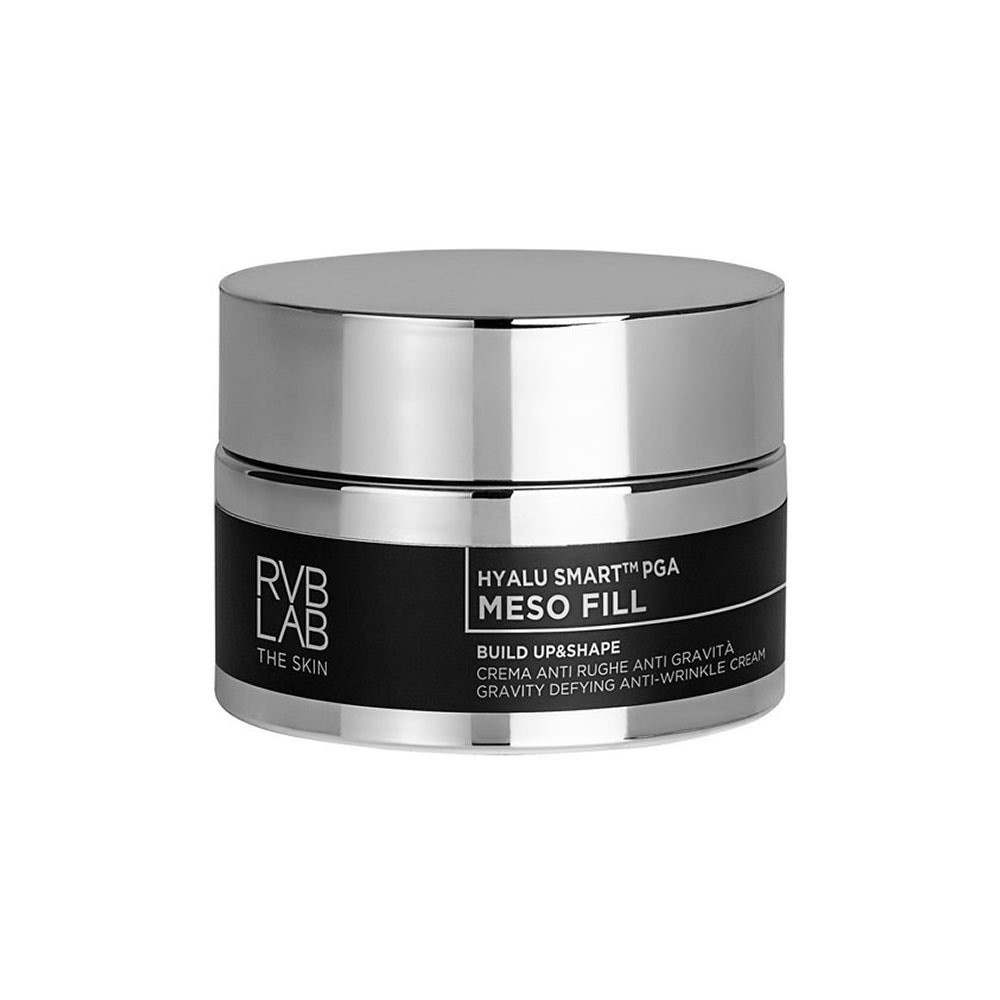 RVB Lab's "Build & Shape" anti-wrinkle cream in a sleek silver jar with a black label, featuring product details and a modern design, 50 ml size.