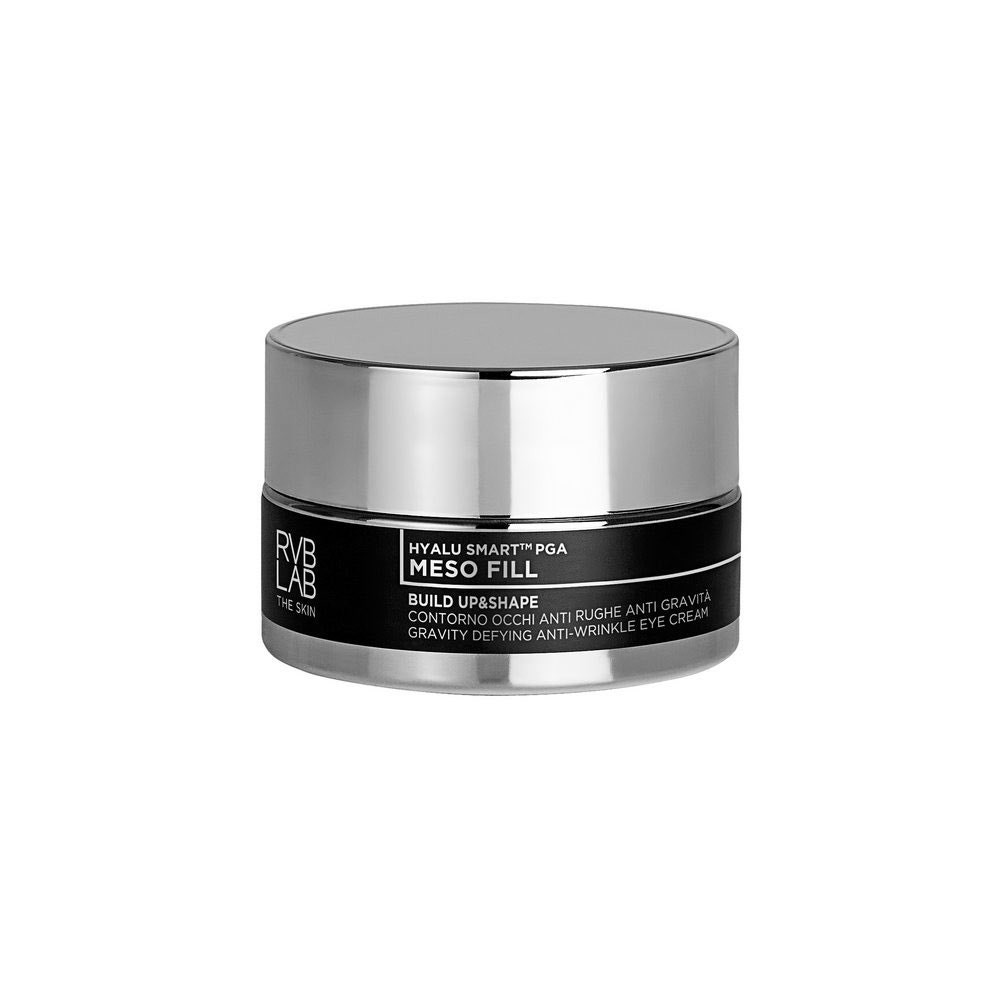 RVB Lab's "Build & Shape Contorno Occhi Antirughe" is a sleek black and silver jar, featuring a modern design with clear labeling and a shiny silver lid, containing 15 ml of eye cream.
