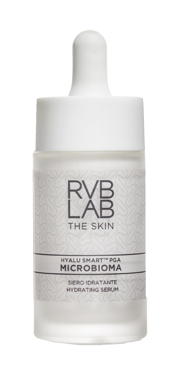 Clear glass dropper bottle with a white cap, featuring a textured label in black and white, labeled "RVB LAB Microbioma Hydrating Serum."