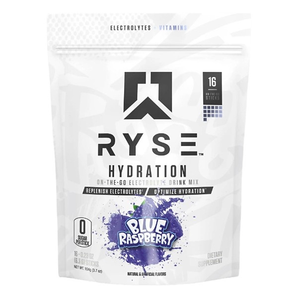 RYSE Hydration electrolyte drink mix in a white pouch with a blue raspberry flavor label, containing 16 individual sticks, each 0.23 oz, emphasizing hydration and vitamins.