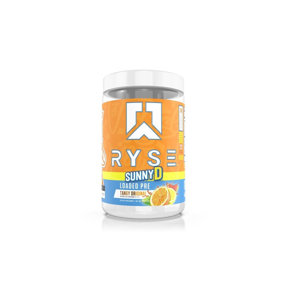 RYSE Loaded Pre-Workout in a clear container with an orange and blue label, featuring "SUNNYD" and "TANDY ORIGINAL" text, showcasing a vibrant, energizing design.