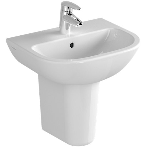White ceramic cloakroom basin with a sleek design, featuring a single tap hole and a smooth, rounded bowl, mounted on a compact pedestal.