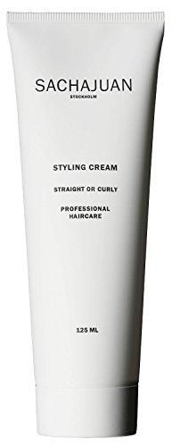White tube of Sachajuan Styling Cream, 125ml, featuring minimalist design with black text, suitable for straight or curly hair, emphasizing professional haircare.