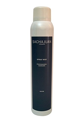 Clear bottle with a white cap, featuring a sleek design and a dark blue label that reads "SACHAUJAN SPRAY WAX PROFESSIONAL HAIRCARE" in white text.