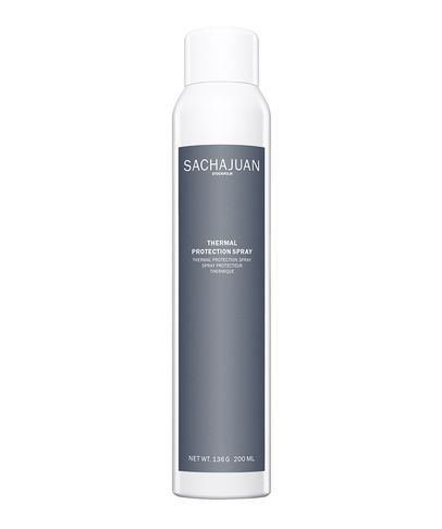 Sacha Juan Thermal Protection Spray in a sleek white and gray canister, featuring a minimalist design with clear labeling, containing 200ml of product.