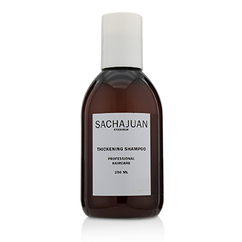 Brown glass bottle with a white cap, labeled "SACHAJUAN THICKENING SHAMPOO" in black text, featuring a minimalist design, containing 8.4 oz of product.