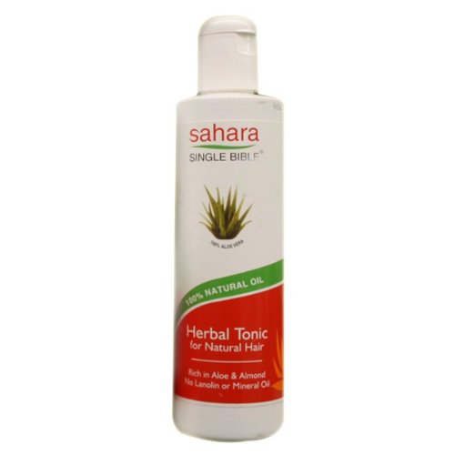 White plastic bottle labeled "Sahara Single Bible Herbal Tonic for Natural Hair," featuring green and red accents, with an aloe vera graphic, emphasizing 100% natural oil and rich in aloe and almond.