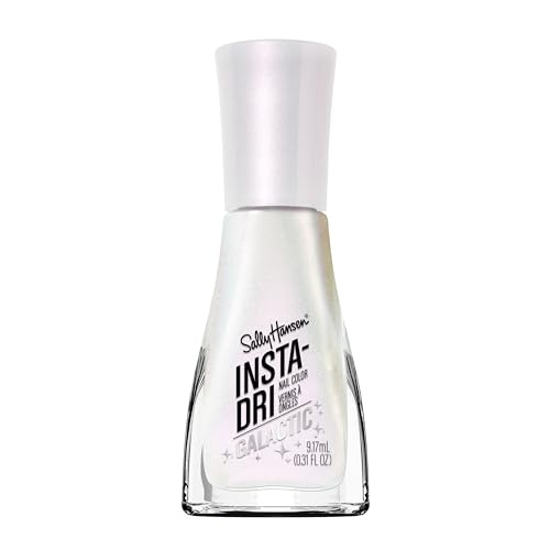 Sally Hansen Insta Dri Galactic Nail Color in shade 109 Chromatica, featuring a sleek glass bottle with a white iridescent polish and a tapered clear cap.