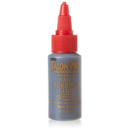 Salon Pro Exclusive Anti-Fungus Hair Bonding Glue in a 1oz bottle, featuring a gray body and a red squeeze cap, labeled with "Super Bond" and "Made in USA."