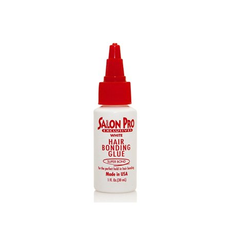White 1oz bottle of Salon Pro Exclusives Bonding Glue with a red cap, featuring bold red text stating "Hair Bonding Glue" and "Super Bond" on the front.