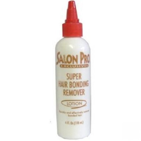 White plastic bottle with a red squeeze top, labeled "Salon Pro Exclusive Super Hair Bonding Remover" in bold orange text, containing 4 oz of lotion.