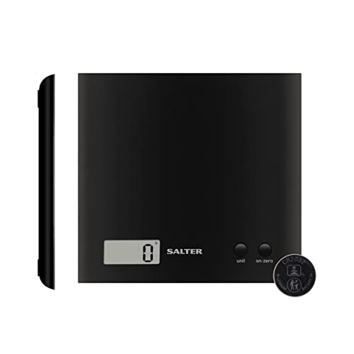 Black Salter Arc Scale features a sleek design with a digital display, a unit button, and an on-zero function, accompanied by a round battery.