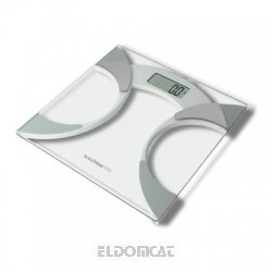Clear glass bathroom scale with a digital display, featuring a sleek design and gray accents, designed for measuring body fat and weight.
