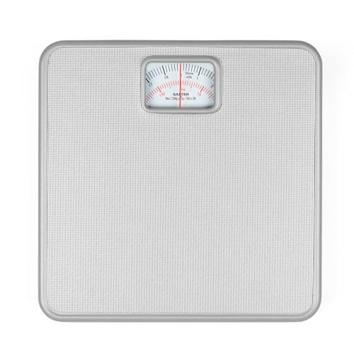 Salter 433 SVDR mechanical bathroom scale features a large, textured silver platform, non-slip mat, and an easy-to-read rotating dial with a 120 KG capacity.