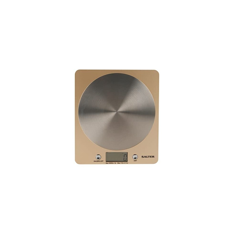 Slim, stainless steel disc kitchen scale in gold with a digital display, featuring a circular weighing platform and a sleek design for cooking and baking.