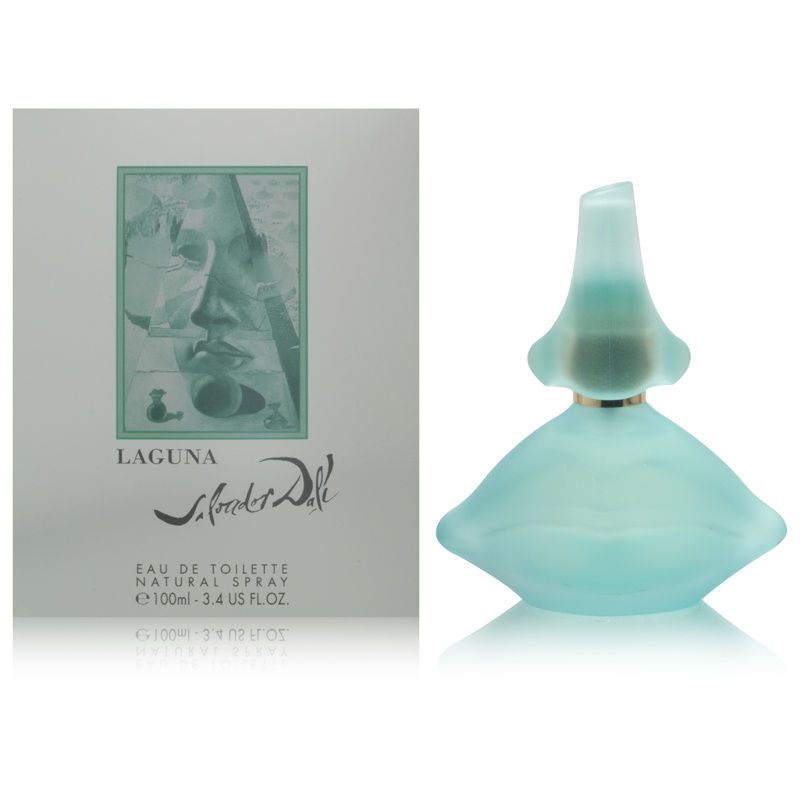 A frosted blue glass bottle shaped like lips, featuring a silver cap, accompanied by a white box with a green-tinted artistic design and the name "Laguna" prominently displayed.