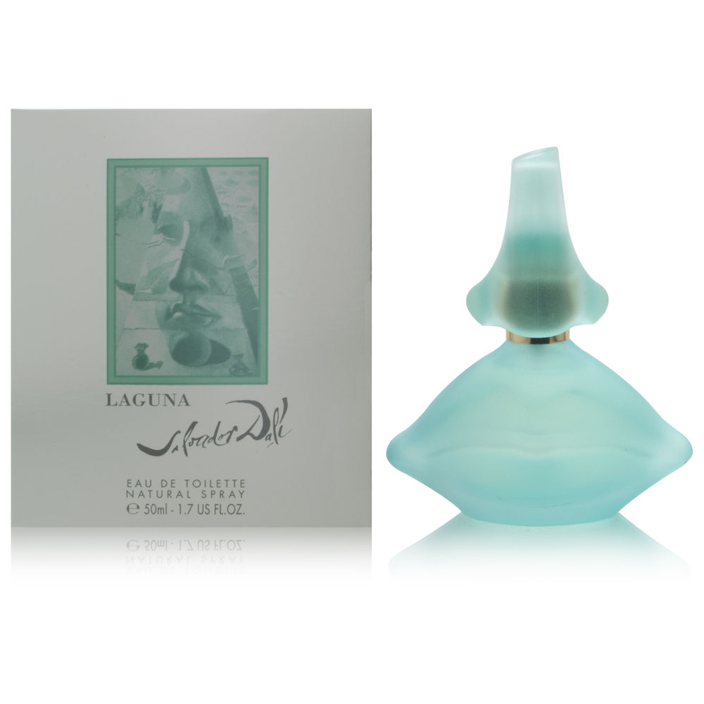 A turquoise glass bottle shaped like a woman's lips, topped with a delicate, translucent cap, accompanied by a matching box featuring a soft green design and the name "Laguna."