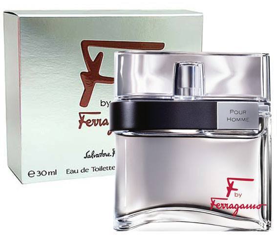 Clear glass bottle with a sleek design, featuring a black cap and silver accents, beside a light green box labeled "F by Ferragamo Pour Homme" in elegant font.