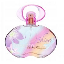 Pastel-colored bottle with a floral design, featuring a pink swirl cap; labeled "Incanto Shine" by Salvatore Ferragamo, 50 ml Eau De Toilette for women.