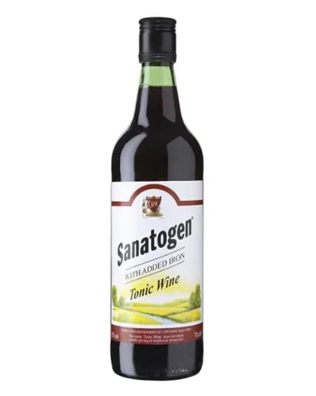 Dark green glass bottle of Sanatogen tonic wine with a white and red label, featuring the brand name and "with added iron," set against a scenic countryside background.