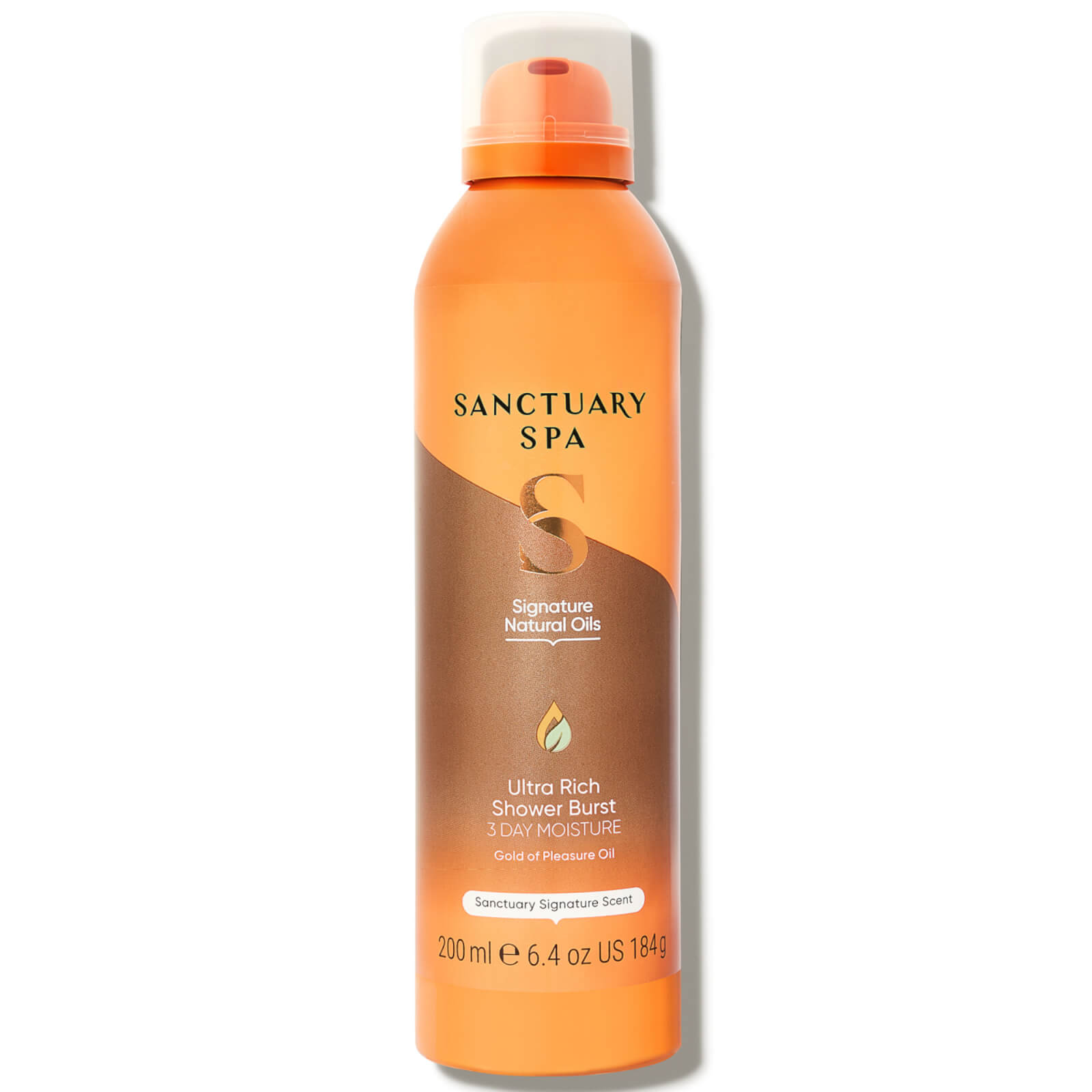 Orange and bronze canister of Sanctuary Spa Signature Natural Oils Shower Foam, labeled with "Ultra Rich Shower Burst" and "3 Day Moisture," featuring a sleek design and a spray nozzle.