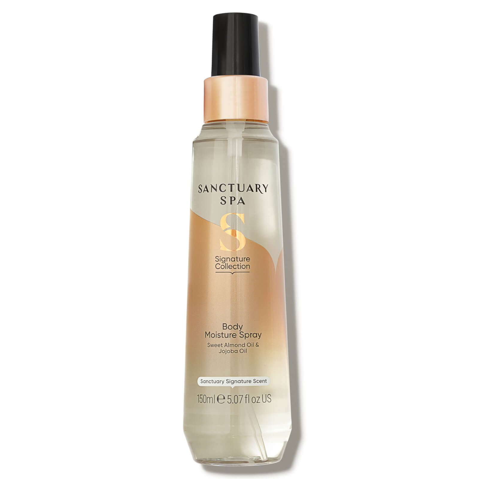 Clear spray bottle with a gold and white label, featuring the text "Sanctuary Spa Signature Collection Body Moisture Spray," containing 150 ml of body hydrating spray.