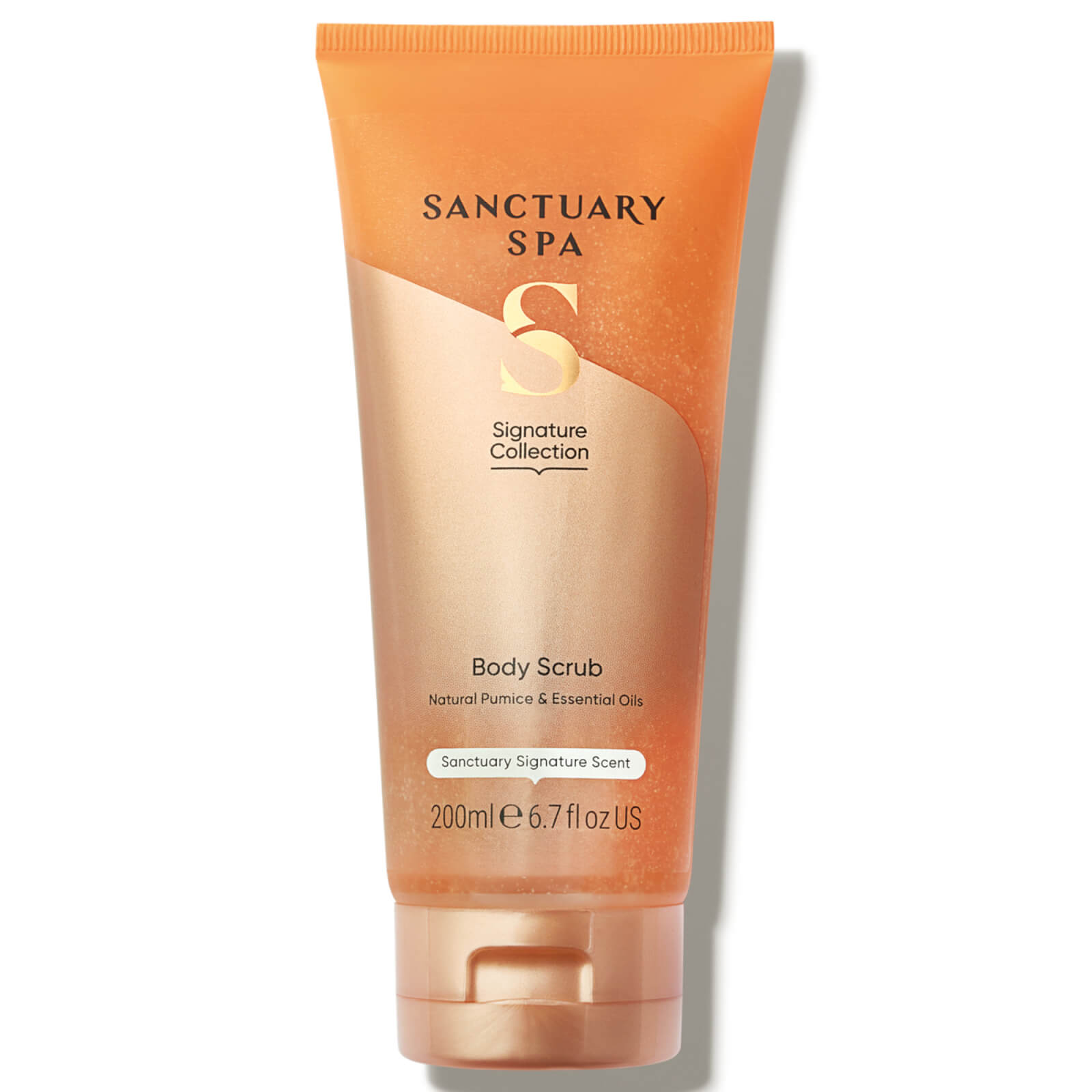Exfoliating gel in a translucent amber tube with a gold label, featuring the Sanctuary Spa logo and details about its smoothing effect and natural ingredients.