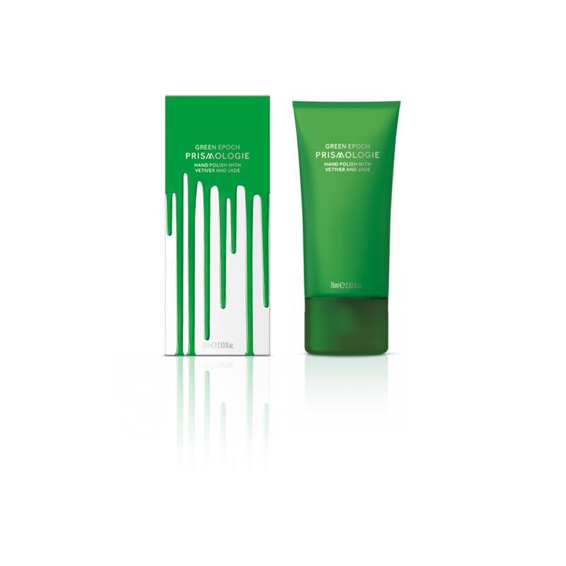 Green tube of PRISMOLOGIE JADE & VETIVER HAND EXFOLIANT 75ml by Sanctuary Spa, featuring a vibrant green color with a sleek design and a matching green box with a dripping paint effect.