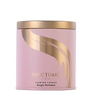 A pink metal candle jar with a gold lid, featuring a stylish design and the text "Sanctuary Spa Scented Candle" prominently displayed.