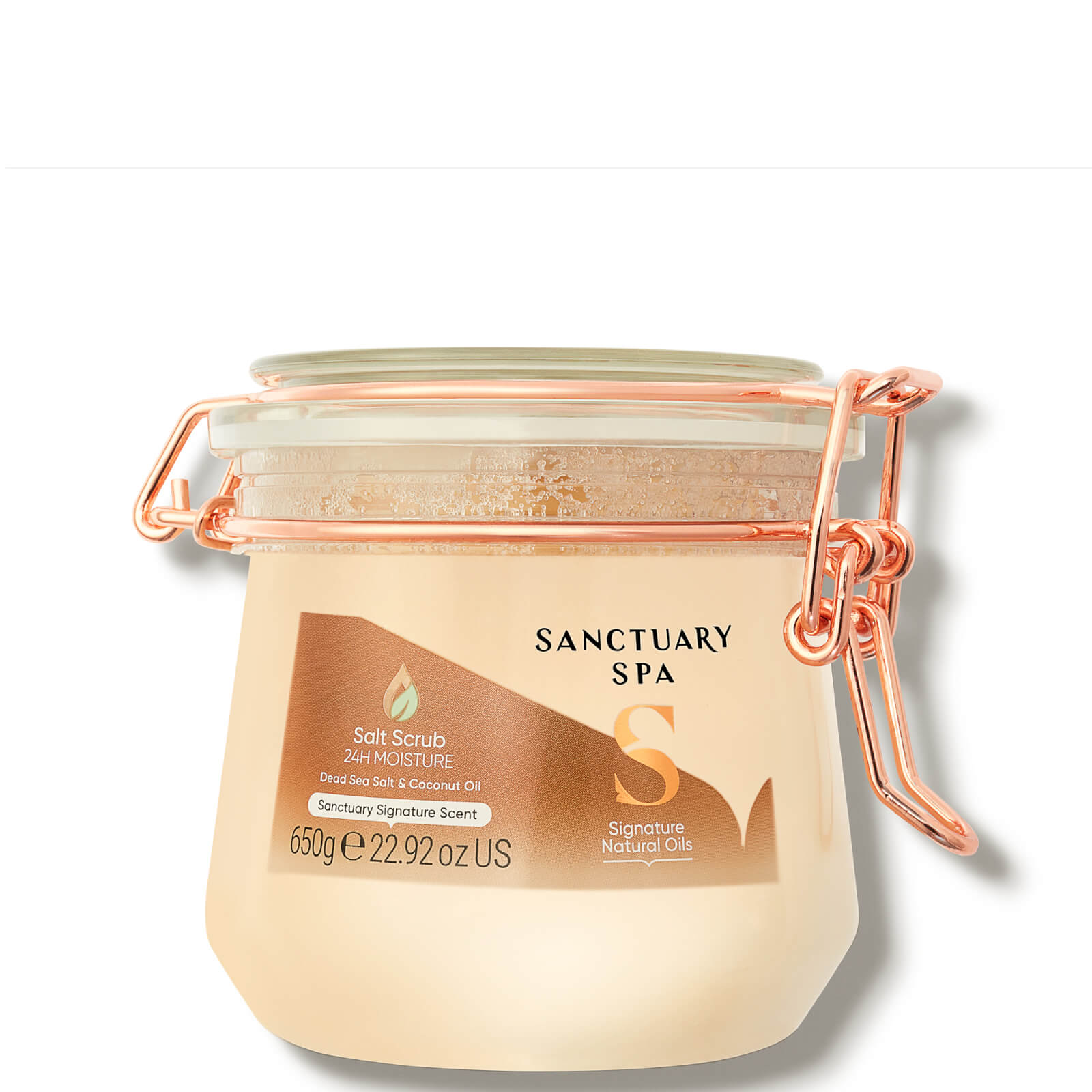 Clear glass jar with a copper clasp, filled with creamy salt scrub, labeled "Sanctuary Spa Signature Natural Oils" and weighing 650g, featuring a soothing beige color.