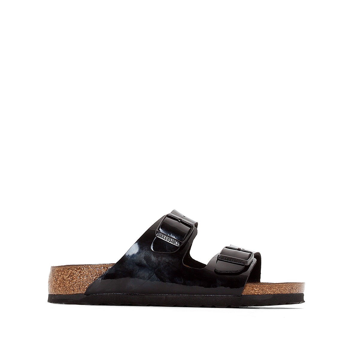 Black patent Birko-Flor sandals with two adjustable straps and a cork footbed, featuring a textured outsole for grip and comfort.