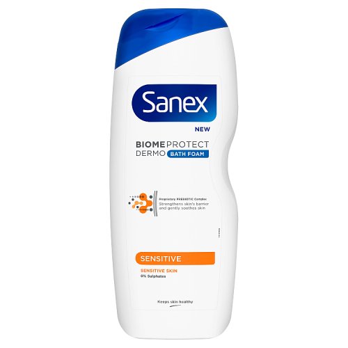 Sanex Expert Skin Health Soothing Bath Soak in a 625ml white bottle with a blue cap, featuring a label indicating it's for sensitive skin and free from sulfates.