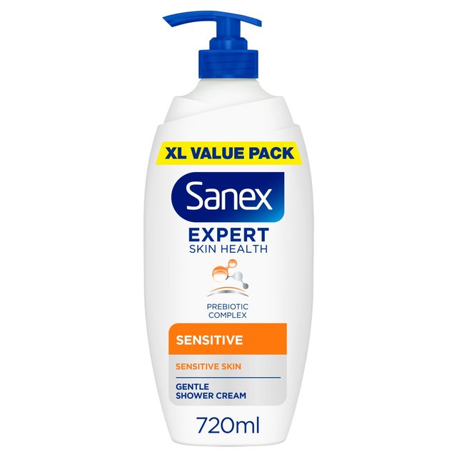 Sanex Expert Skin Health Sensitive Body Wash in a white pump bottle with blue accents, featuring a yellow "XL VALUE PACK" label and 720ml capacity, designed for gentle care of sensitive skin.