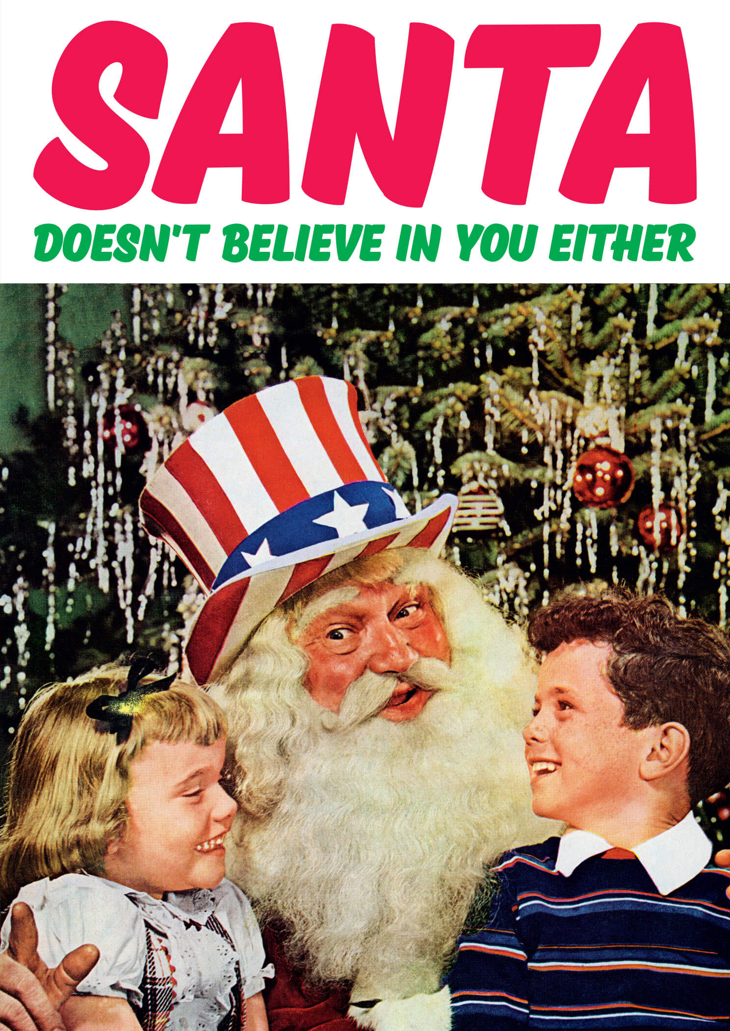 A vintage-style greeting card featuring Santa Claus in a patriotic hat, smiling with two children, set against a festive Christmas tree backdrop.