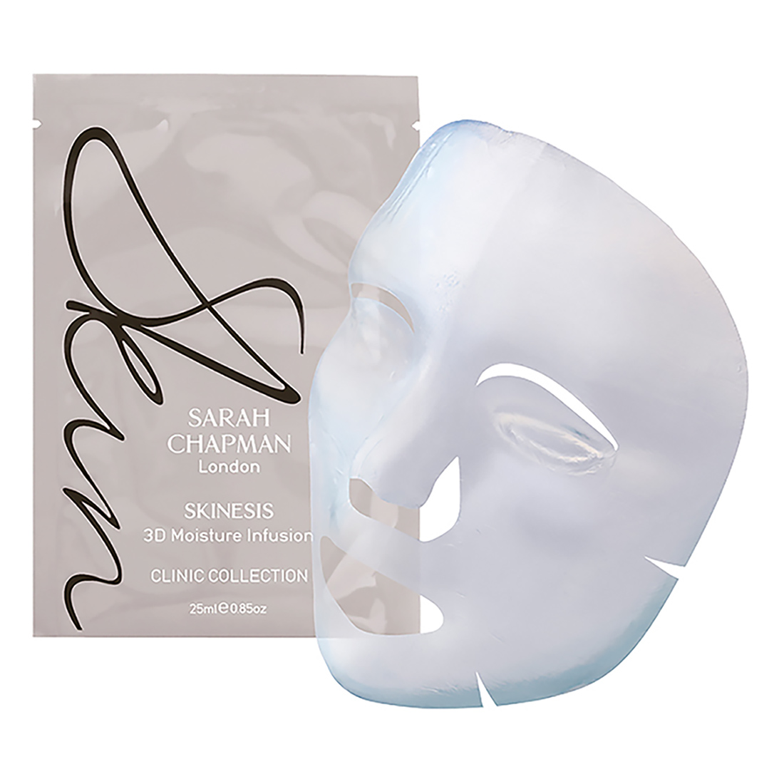 Transparent facial mask next to a sleek silver and white sachet labeled "Sarah Chapman Skinesis 3D Moisture Infusion," featuring elegant black script and a clinical aesthetic.
