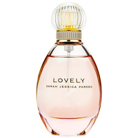 Elegant glass perfume bottle in an oval shape, featuring a gold cap with a textured design and a light pink liquid inside, labeled "LOVELY" in bold letters.