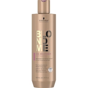 Blond Me All Blondes Light Shampoo by Schwarzkopf in a 300 ml bottle, featuring a sleek gold and purple design with bold black lettering.