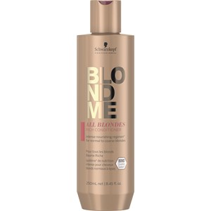Gold and pink bottle of 361913 250 ml Blond Me All Bl Rich Conditioner by Schwarzkopf, featuring a sleek design and labeled with product details for nourishing blonde hair.
