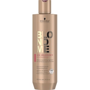 Blond Me All Blondes Rich Shampoo by Schwarzkopf in a 300 ml bottle, featuring a sleek gold and pink design with bold black text and a purple cap.
