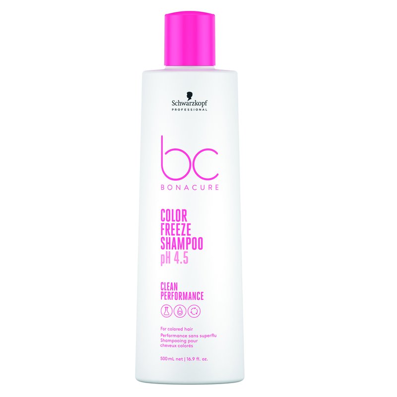 White bottle with a pink cap, featuring the Schwarzkopf BC logo and product name "Color Freeze Shampoo pH 4.5" in bold lettering, 500ml size for colored hair.