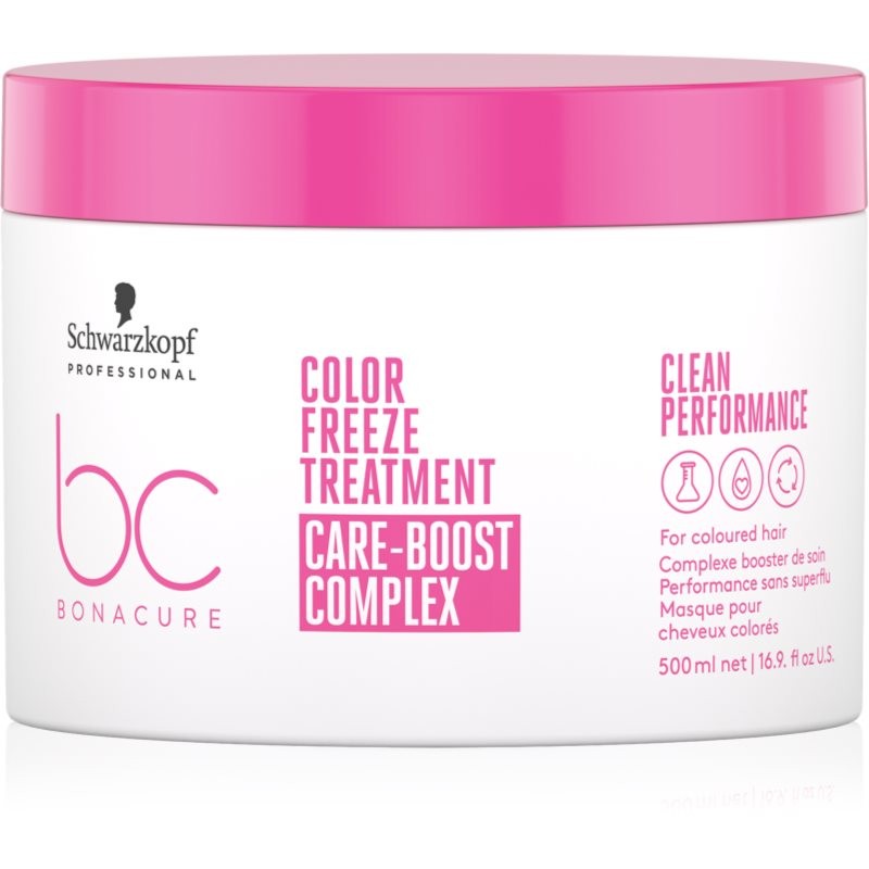 BC Bonacure Color Freeze Regenerating Mask in a pink and white tub, featuring a sleek design with a 500 ml capacity, labeled for color-treated hair care with a care-boost complex.