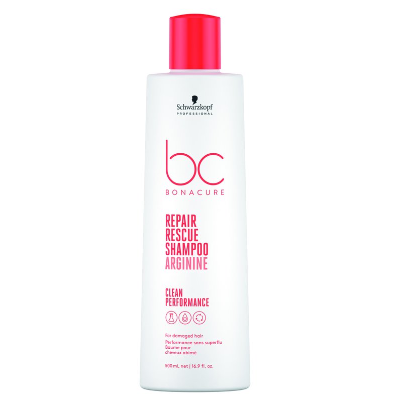 White bottle of Schwarzkopf Professional BC Bonacure Rescue Arginine Repairing Shampoo, featuring a pink cap and bold pink text, designed for damaged hair, with a 500 ml capacity.