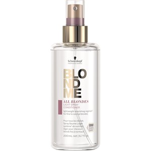 Clear spray bottle with a gold and pink label, featuring "BLONDME All Blondes Light Spray Conditioner" text, 200ml capacity, designed for blonde hair care.