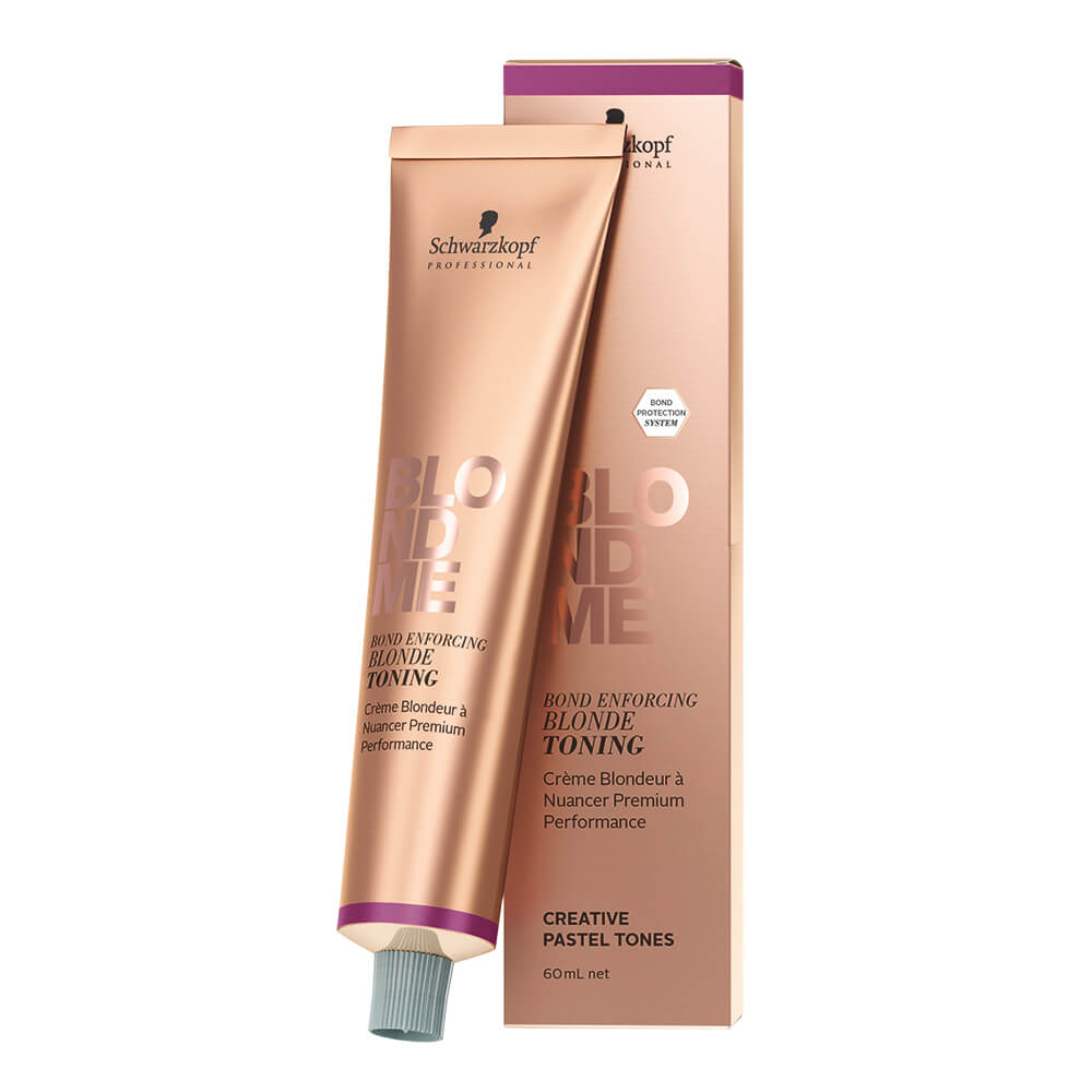 Schwarzkopf BlondMe Pastel Toning Lilac in a 60ml tube, featuring a metallic rose gold design with lilac accents and bold text, packaged in a matching box.