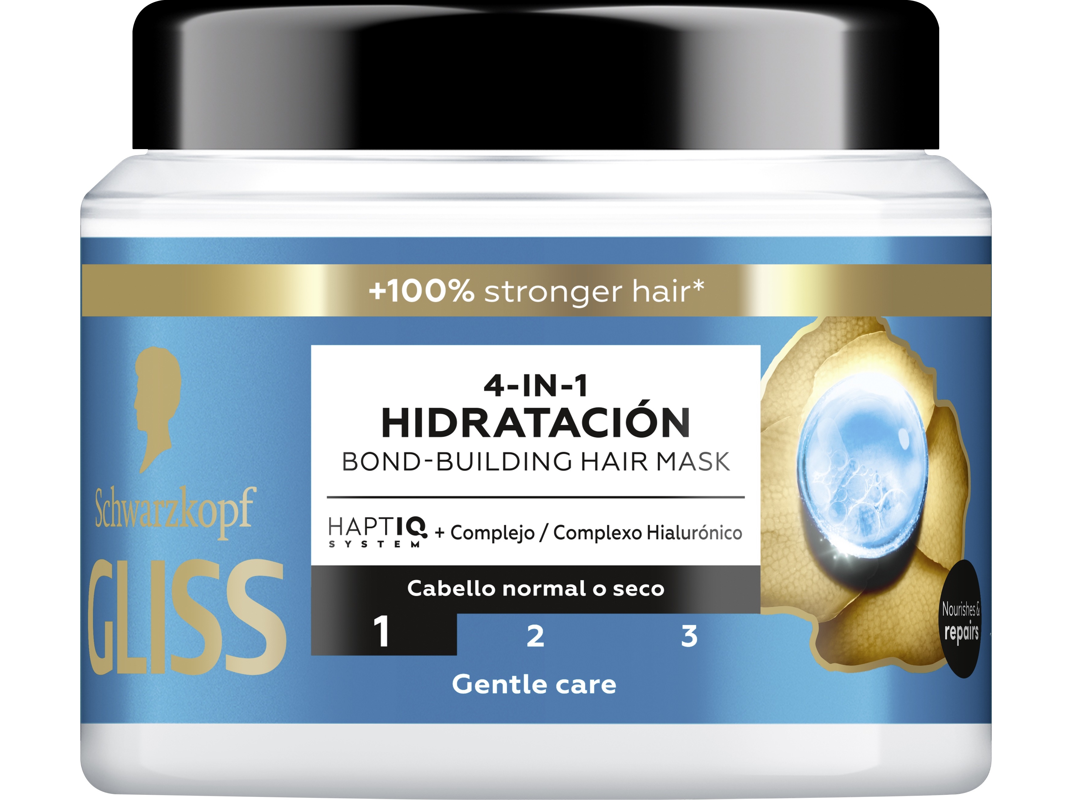 Gliss Aqua Revive hair mask in a white jar with a blue lid, featuring a light blue label and gold accents, highlighting hydration and bond-building properties.