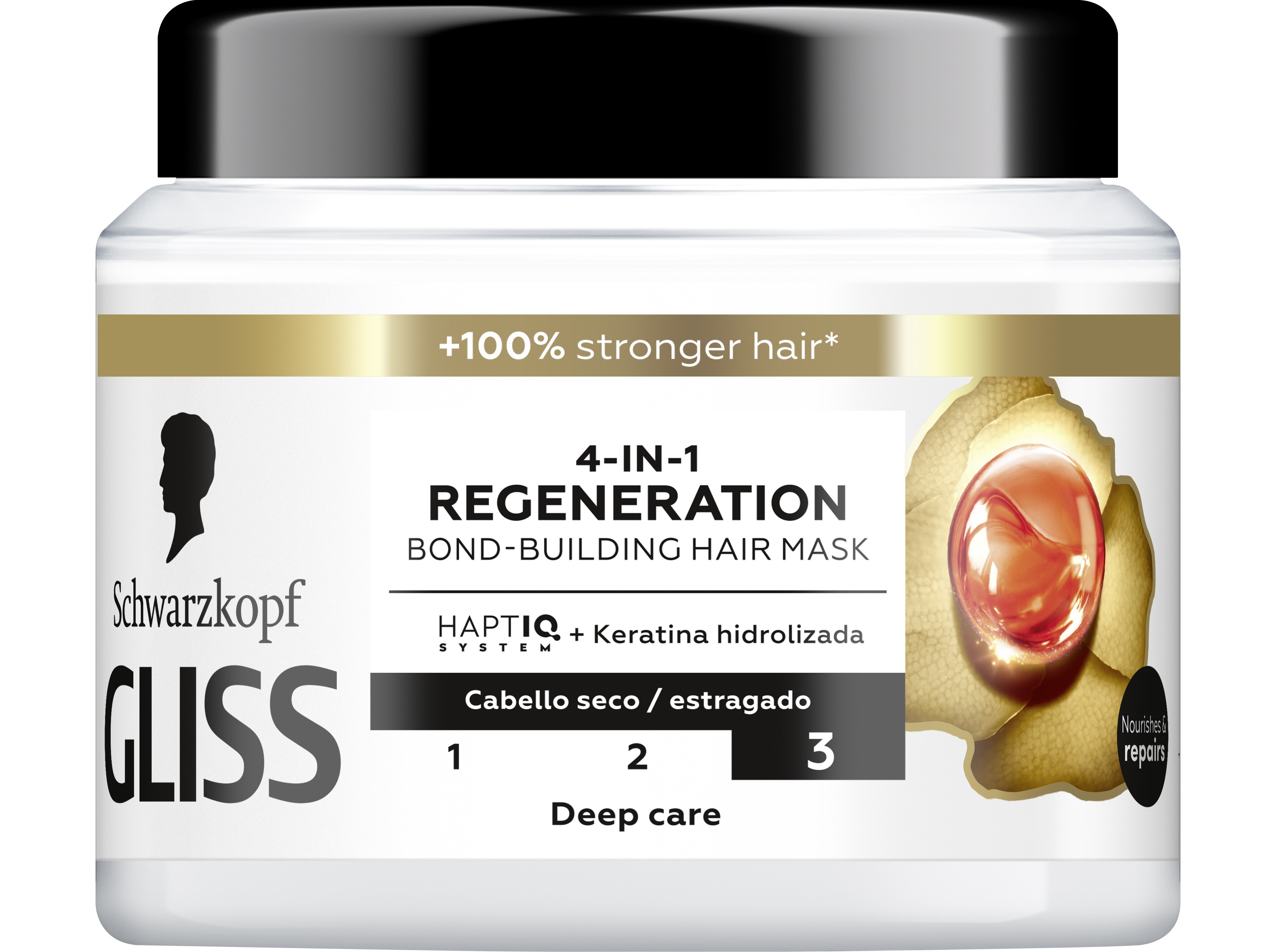 White jar with a black lid, featuring the text "4-IN-1 REGENERATION BOND-BUILDING HAIR MASK" and a gold emblem, indicating deep care for dry or damaged hair.
