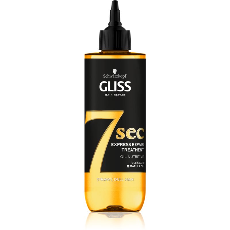 Transparent bottle with a black nozzle, filled with golden oil treatment, labeled "GLISS 7 Sec Express Repair Treatment" for weak, stressed hair, featuring marula oil and key benefits.
